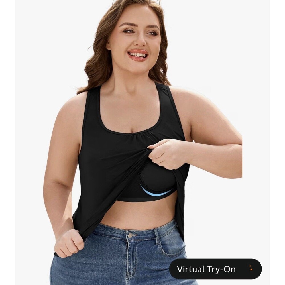 Foreyonda Plus Size 3XL Tank Top Black Built-In Bra Padded Flowy Pleated Stretch